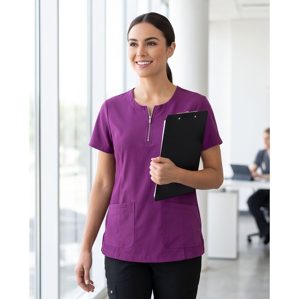 Koi Lite M Serenity Scrub‎ Top Purple Zipper Neck Slim Fit Medium